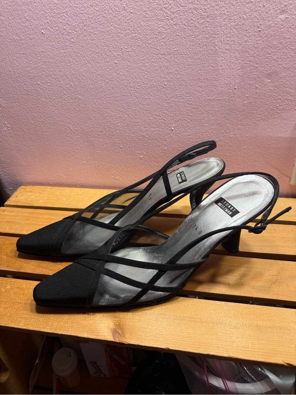 Stuart Weitzman Black Mesh Pointed Slingback Heels size 7.5 - Picture 2 of 11